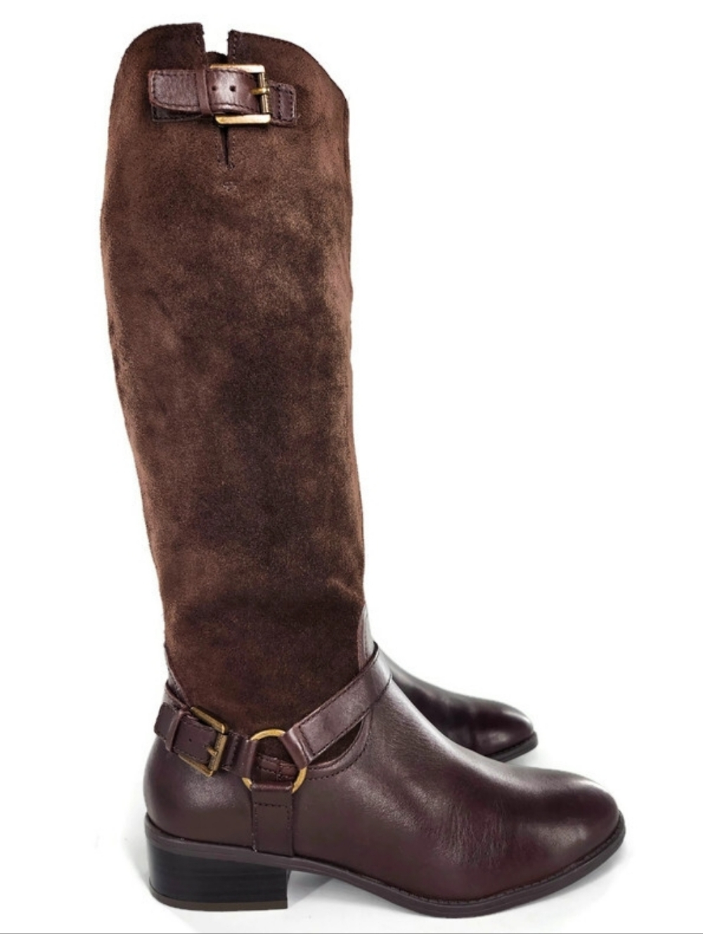 Lauren Ralph Lauren McLeod Brown Leather & Suede Harness Knee-High Riding Boots - Picture 2 of 15